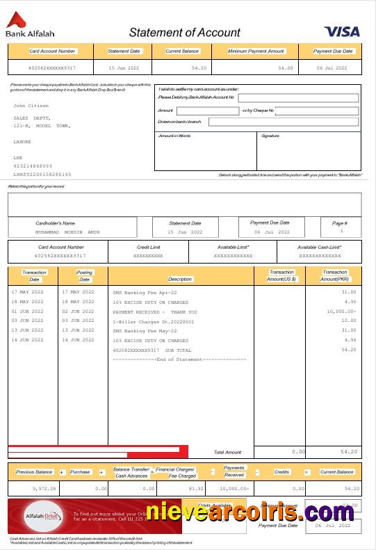 UAE Abu Dhabi Bank Alfalah statement Word and PDF